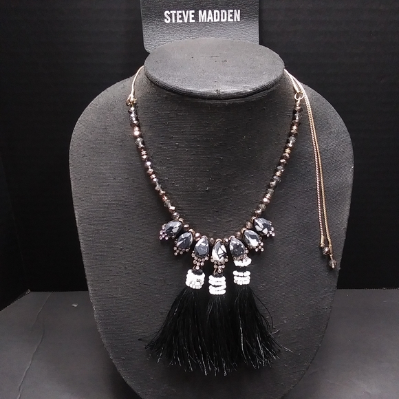 STEVE MADDEN Marbled Stone Beads & Black Tassels Goldtone Statement Necklace NWT - Picture 2 of 7